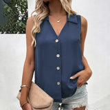 Summer T-Shirt Women Vest Casual Tank Top Oversize V-Neck Sleeveless Button Single-breasted Mid Length Women Shirts