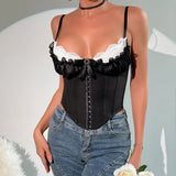 Phantasy Fashion Laec Balck Crop Top Women French Style Pink Bow Strap Tanks Lady Elegant Party Fishbone Camisole Summer Outfit