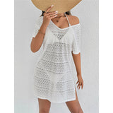 S - XL V Neck Short Sleeve Hollow Out Knitted Tunic Beach Cover Up Cover-ups Beach Dress Beach Wear Beachwear Female Women V8214