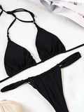 PU Pleated Ruched Bikinis Mini Micro Thong Bikini Women Swimwear Female Swimsuit Two-pieces Bikini Set Halter Bathing Suit Swim
