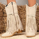 Street Style Rivet Tassel Boots Women 2025 New Beige Plus Size 36-43 Mid-Calf Boots for Woman Pointed Toe Zipper Up Botas Female