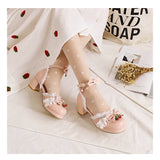 Women's White Pink Bowknot Single Sandals Ruffles High Heels Girls Student Mary Janes Lolita Party Dress Shoes Size 32-48 French