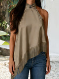 Women's Summer Solid Color Satin Halter Mock Neck Tops Sleeveless Tassel Hem Loose Fit Tank Tops