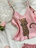 Summer 2-pieces Pink Leopard Printed Pajamas Set for Women Sexy Ice Silk Stain Sleepwear Casual Crop Tops and Shorts Lounge