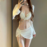 Women's Bikini Women's Four Piece Set, Split Fashion Skirt Style, Hollow Out, Conservative, Seaside Hot Spring Soaking