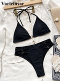 Sexy Halter Strappy Mid Waist Bikini Female Swimsuit Women Swimwear Two-pieces Bikini set Padded Bather Bathing Suit Swim V3635