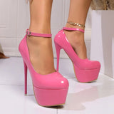 Zoki Fashion Pink Stiletto Heel Pumps Women Plus Size Super High Heel Shoes Woman Patent Leather Ankle Buckle Party Shoes 45