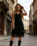 Women's Casual Sleeveless Tulle Lace Hem Midi Dress Fashion Summer Solid Color Beach Party Dresses