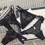 Sexy Women's Thong Erotic Cross Hollow T Pants Starry Sky Shiny Sequins Black Mesh Transparent Bow Perspective Briefs Lingerie