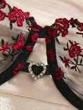 BlackRed Embroidered Floral Lingerie Set - Sexy Bra And G-string Combo with Heart Decoration Underwear Set for Women ZA824028