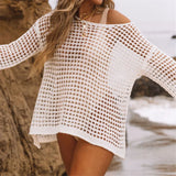 Long Sleeve Hollow Out Top Crochet Knitted Tunic Beach Cover Up Cover-ups Beach Dress Beach Wear Beachwear Female Women V4250