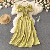 2025 Summer French Vintage Floral Dress Fashion Elegant High-Waisted Drawstring Vestidos Printed Fresh And Sweet Long Dresses