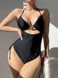 S - XL Metal Flower Cut Out Halter Women Swimwear One Piece Swimsuit Female Backless High Leg Cut Bather Bathing Suit Swim K7446