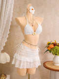 Vintage White Floral Embroidery Bikini Set 2026 Women 3D Flower Push Up Bra Pleate Skirt 3 Piece Swimsuit Bathing Suit Swimwear
