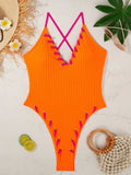 V Neck Wrinkled Ribbed Cross Backless One Piece Swimsuit Women Swimwear Female High Leg Cut Monokini Bather Bathing Suit Swim
