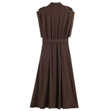 Women's Fashion Midi Dress Brown Sleeveless Shirt Dress For Women Shoulder Details Buttoned Waist Button Elegant For Wear PS9Y