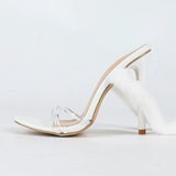 New Fashion White Fur Furry Snake Twine Ankle Strap Sandals Women Summer Square Toe Thin High Heels Wedding Banquet Shoes