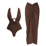 2Pcs Deep V Swimsuit With Long Skirt Women Sexy Swimwear Female Bikini Cut Out Biquini Swim Suit Shiny Button Bodysuit Beachwear