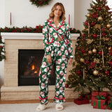 Women's Christmas Pajama Sets Fashionable Lapel V Neck Long Sleeve Printed Tops with Pants 2 Pieces Soft Sleepwear