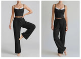 Women's Yoga Sets Yellow Patchwork Slimming Sports Tank Top Summer Gym Training Suit High Waist Wide Leg Pants Fitness Outfits