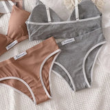 Women Cotton Bra And Panties Set Low Rise Briefs Panties Non-Wire Vneck Bras Sexy Lingerie Push Up Brassiere Female Underwear