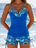 Vintage Blue Floral Print Tankini Set 2026 Swimwear Women V Neck Tank Top Drawstring Side High Waist Shorts Two Piece Swimsuit
