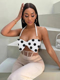 Women's Pure Desire Sexy Hot Girl Polka Dot Halter Pearl Bowknot Strap Vest Hanging Neck Pure Desire Casaul Style Vest IFQ9