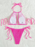 2025 Halter Tie Side Hollow Out Smocked Bikini Women Swimsuit Female Swimwear Two Pieces Bikini Set Swim Bathing Suit Beach Wear