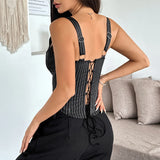 Sexy Tube Top Women Fashion Black Striped Patchwork Bandage Ruffles Slim Fit Fishbone Corset Camisole Sleeveless Club Party Tops