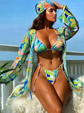 4 PCS Printed With Cover Up Hairband Bikini Female Swimsuit Women Swimwear Four-pieces Bikini set Bather Bathing Suit Swim Lady