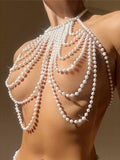 Luxury Pearls Halter Hollow Out See Through Bikini Top Female Swimsuit Women Swimwear Bather Bathing Suit Swim Beach Top V5409