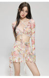 Bikinis Set Swimsuit Women Sweet Floral Prints Summer Girlish Sexy Ruffles Korean Style High Waist Swimwear Fashion Beach Wear