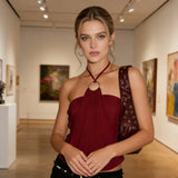 Women's Halter Neck Tops Sleeveless Metal Ring Front Slim Fit Solid Color Tops Summer Vest