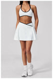 Summer New Outdoor Breathable Yoga Sets Women Color Block Shockproof Sports Bra Tennis Pleate Skirt Gym Workout Fitness Suits