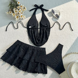 3PC with Skirt Wrinkled Halter Tankini Bikini Women Swimwear Female Swimsuit Three-pieces Bikini Set Bathing Suit Swim Beachwear
