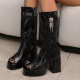 Plus Size Women White Patent Leather Fringe Tassel Mid Calf Boots Peep Toe Platform Block Heel Open Toe Party Club Heels