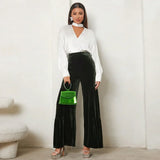 Autumn Winter Velvet Wide-Leg Pants Elegant Ruffled High-Waisted Straight-Leg Pants for Lady Casual Commuter Loose-Fit Trousers