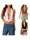Women's Solid Color Cropped Halter Neck Cami Tops Sleeveless Open Back Deep V Neck Slim Fit Tank Tops