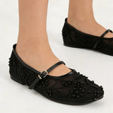 2026 Big size 42 Chic Nude Beading Flat Mary Janes Shoes Women Leisure Mesh Pearls Embroidery Comfy Walk Ballet Flats Shoes