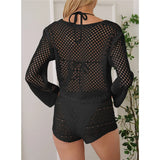 V Neck Long Sleeve Hollow Out Crochet Knitted Tunic Beach Dress Beach Wear Beachwear Beach Cover Up Cover-upsFemale Women V7192