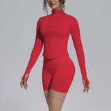 Women's Seamless Yoga Sets Sports Fitness Gym Zipper Long-Sleeve Jacket Hip Lift High-Waist Shorts Suits Workout Training Sets