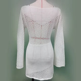 2026 Bikini Cover-up Beach White Crochet Tunic Knitted Summer Bodycon Mini Dress See Through Hollow Out Sexy Women Cover Up