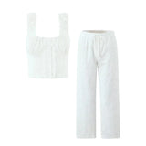 Foridol Hollow Out Cotton Women's 2 Pieces Set White Summer Pants Set Embroidery Top Pants Suit Matching Set Beach Casual Pants