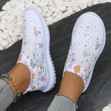 2025 Fashion Crystal Platform Sneakers Women Plus Size Slip On Flowers Printed Flats Woman Breathable Soft Sole Wakling Shoes