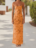 Women Summer Glitter Sequin Beaded Flower Cami Dress Slim High Split Spaghetti Strap Open Back Long Dresses for Party Club