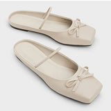 2025 Summer Elegant Black Square Toe Ballet Flats Shoes Women Butterfly Knot Slip On Comfy Walking Mules Shoes Outdoor Slides