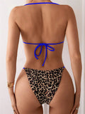 New 2026 Women's Leopard Patchwork Swimsuit Sexy Backless Neck Hanging Micro Bikini Set Low Waist Bathing Suit Beachwear Biquini