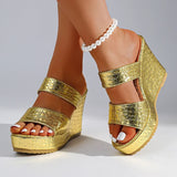 Chunky Wedges Gold Sandals Women Plus Size 42 High Heel Platform Slippers Woman Snake Pattern Pu Leather Summer Sandles Female