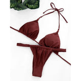 PU Pleated Ruched Bikinis Mini Micro Thong Bikini Women Swimwear Female Swimsuit Two-pieces Bikini Set Halter Bathing Suit Swim