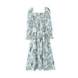 French Casual Style Square-neck Slim-fit Dress Feminine With Side Slit Three-quarter Sleeves Waist Cinching Printed Holiday THF3
